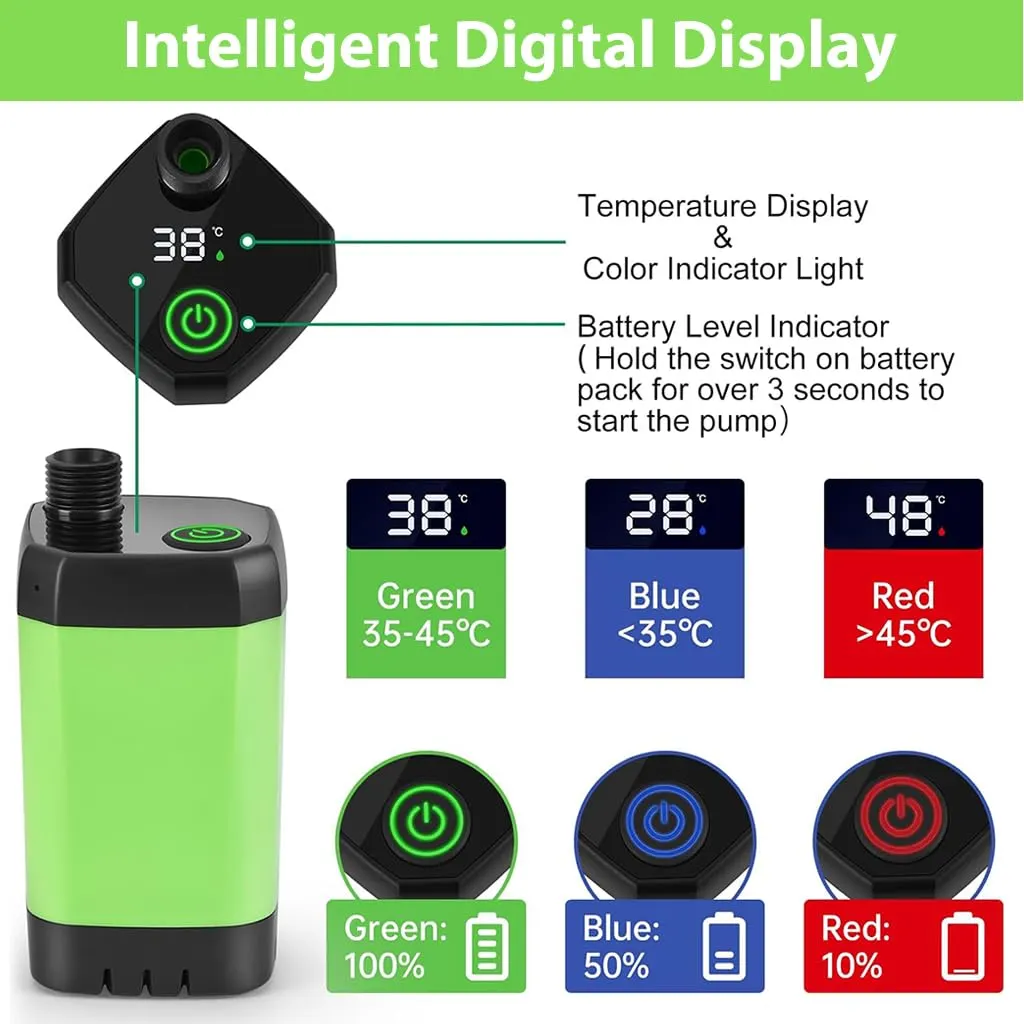 Portable Shower for Camping with LCD Temperature Display, IPX7 Waterproof Outdoor Camp Shower Pump, Rechargeable Camping Shower Head Nozzle for Hiking Traveling Washing, Green