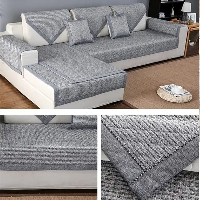 Premium Cotton Linen Sofa Protector Solid Color Anti-Slip Couch Cover and Decorative Sectional Cushion
