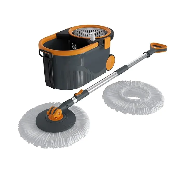 Spin-Wash Floor Cleaning Mop Set with Built-In Wringer Bucket & Microfiber Refill
